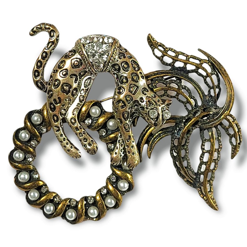 Statement Brooch 80’s Leopard Design Faux Pearls Crystals Antique Br…